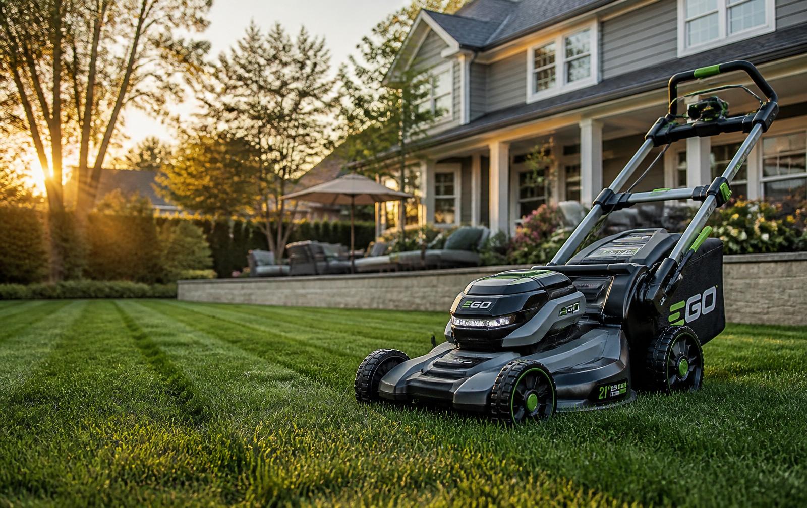Modern electric lawn mower on a pristine Canadian lawn